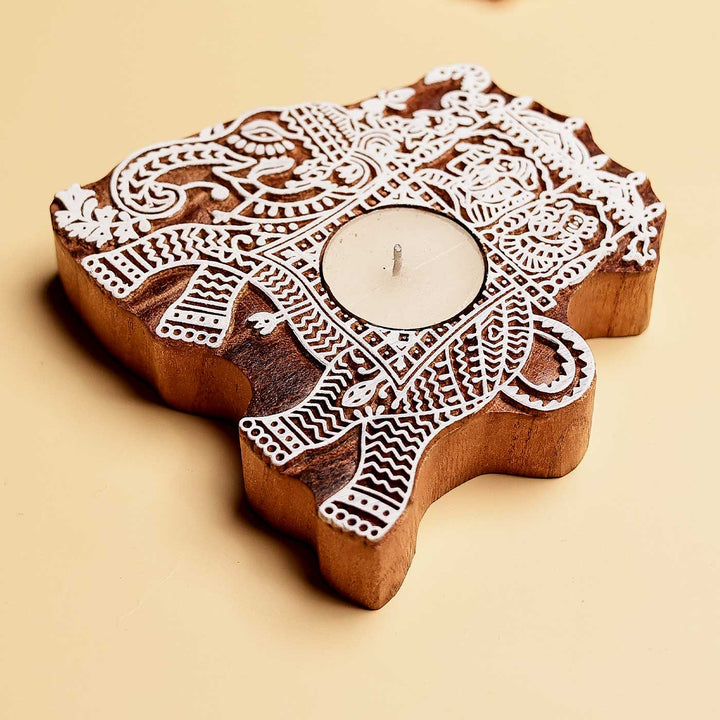 Handmade Carved Elephant Wooden Block Tealight Holder | Set Of 2