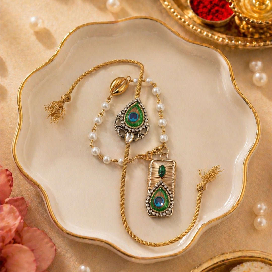 Emerald Peacock Pearl Lumba Bracelet Rakhi Set With Roli Chawal For Bhaiya And Bhabhi