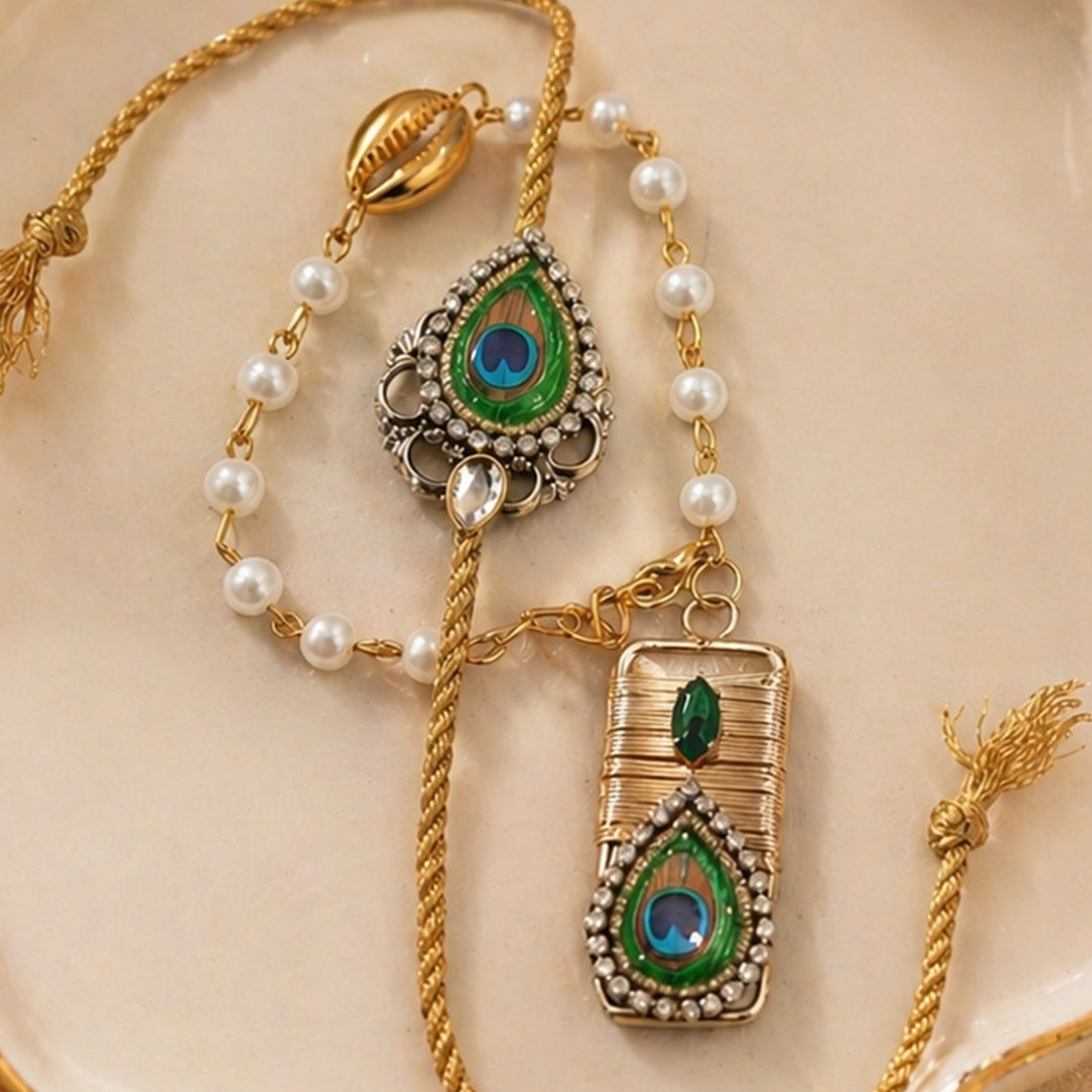 Emerald Peacock Pearl Lumba Bracelet Rakhi Set With Roli Chawal For Bhaiya And Bhabhi