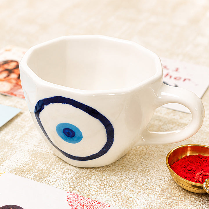 "Evil Eye Blessings" Ceramic Mug Rakhi Hamper With Rakhi Set & Roli Chawal For Bhaiya Bhabhi