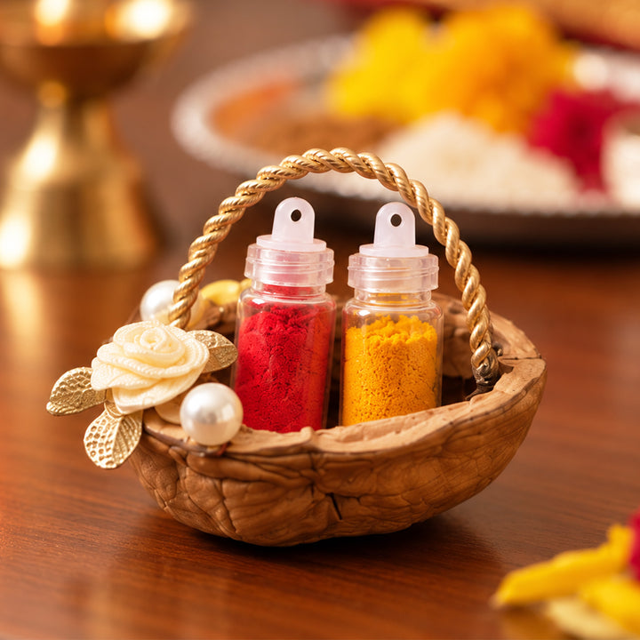 Shagun Walnut Shell Haldi Kumkum Holder For Puja And Festive Gifting