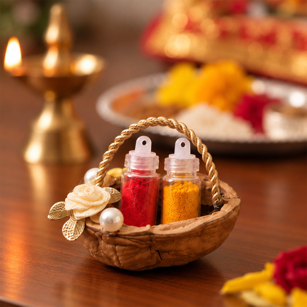 Shagun Walnut Shell Haldi Kumkum Holder For Puja And Festive Gifting