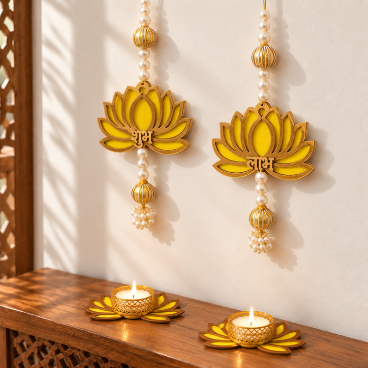 4pc Set | Handmade Gota Patti Yellow Lotus Diwali Decor | 2 Hangings + 2 Tealight Holders