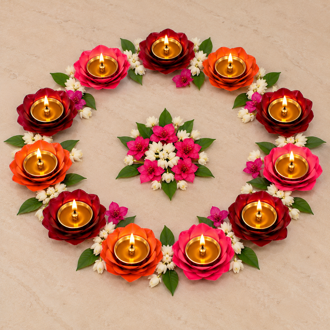 Set of 12 | Handmade Rose Shaped Multicolor Brass Oil Lamp / Diya