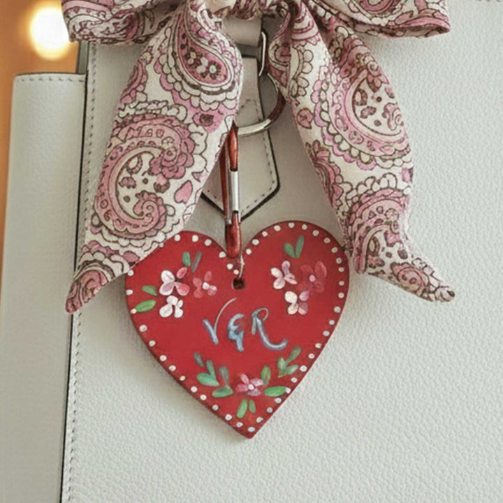 Personalized Hand-Painted Red Heart Wooden Key Chain/Bag Charm