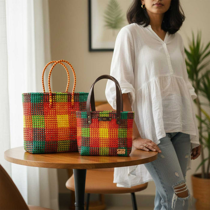 Multicolour Checks Handmade Wire Koodai Tote Bag