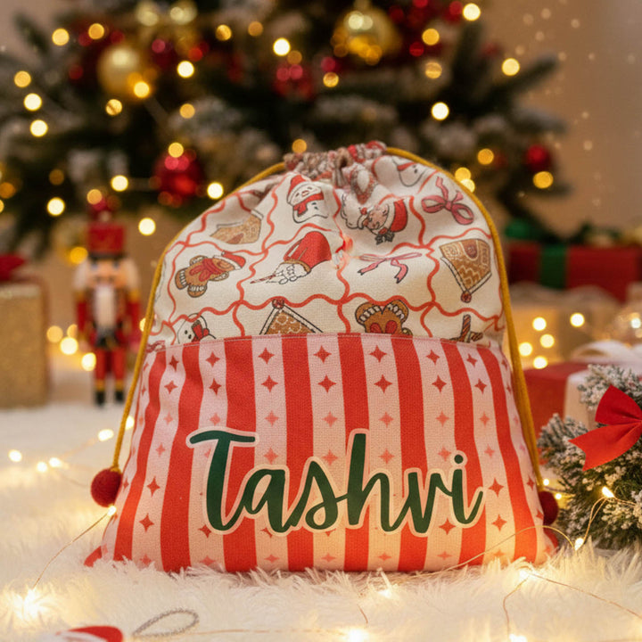 2 Pc | Personalized Handmade Felt Festive Stocking And Gift Sack Combo