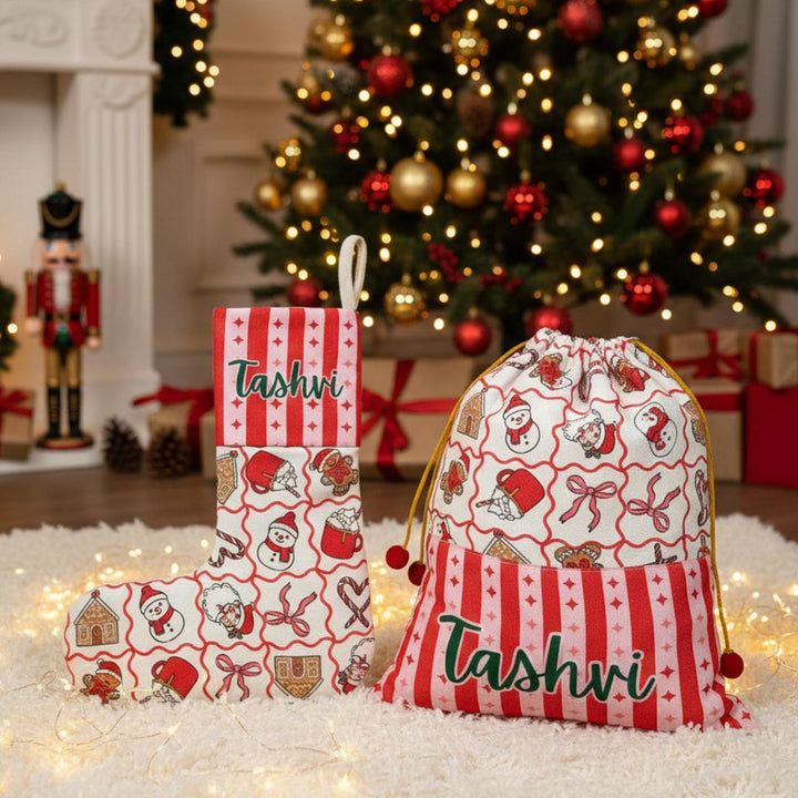 2 Pc | Personalized Handmade Felt Festive Stocking And Gift Sack Combo