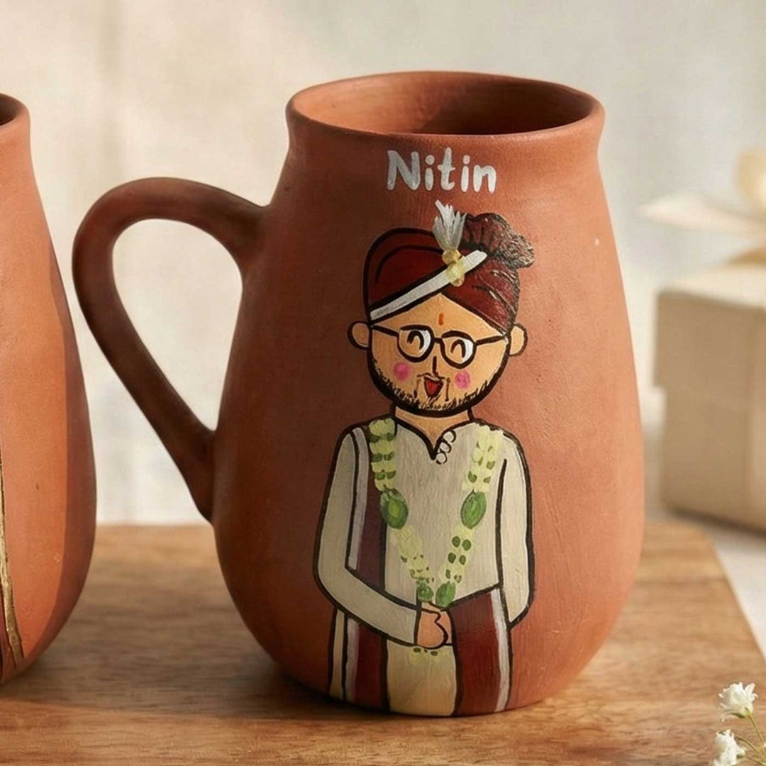 2 Pc | Marathi Couple Personalized Handpainted Terracotta Mug 450 ml