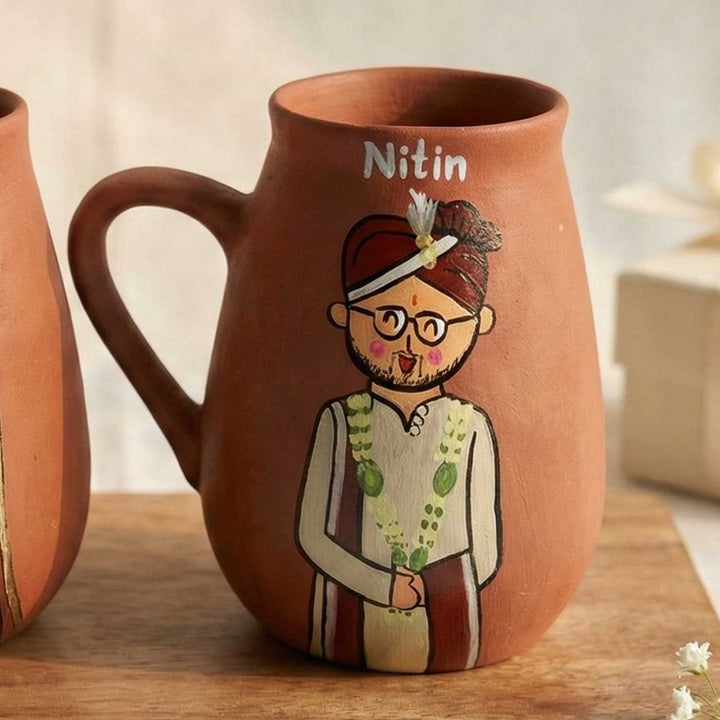 2 Pc | Marathi Couple Personalized Handpainted Terracotta Mug 450 ml