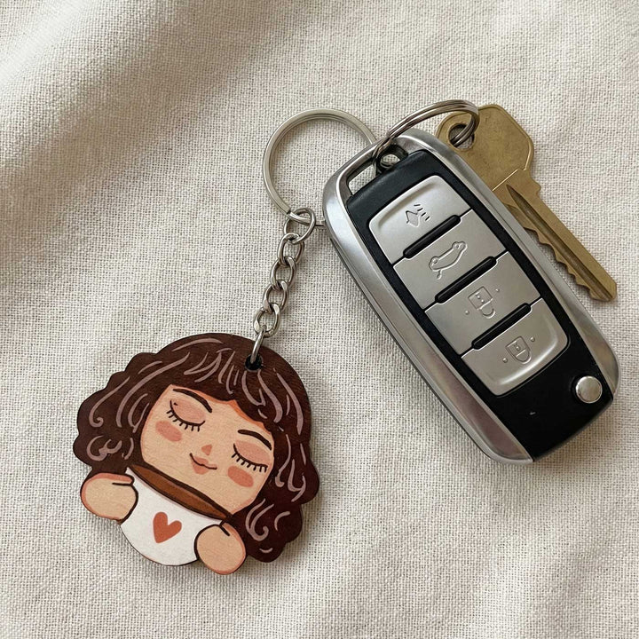 Printed Hand-Illustrated Chai Lover MDF Wood Key Chain/Bag Charm