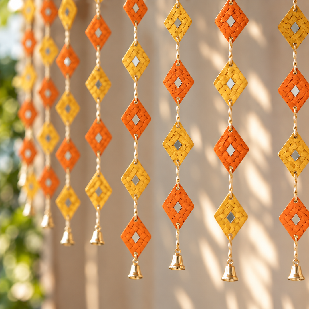 Mirror Embellished Eco-Friendly Handmade Woven Bamboo Hanging | 45 Inch x 2 Inch | Set Of 2