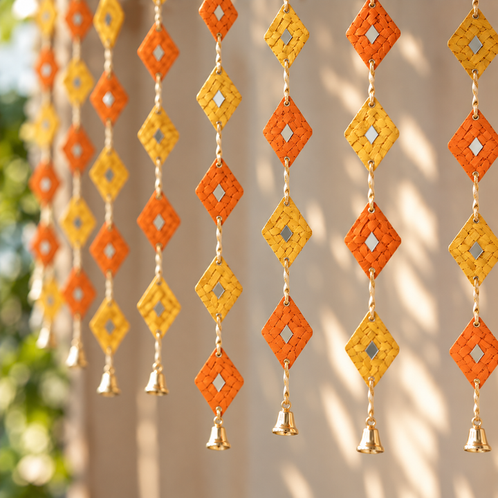 Mirror Embellished Eco-Friendly Handmade Woven Bamboo Hanging | 45 Inch x 2 Inch | Set Of 2