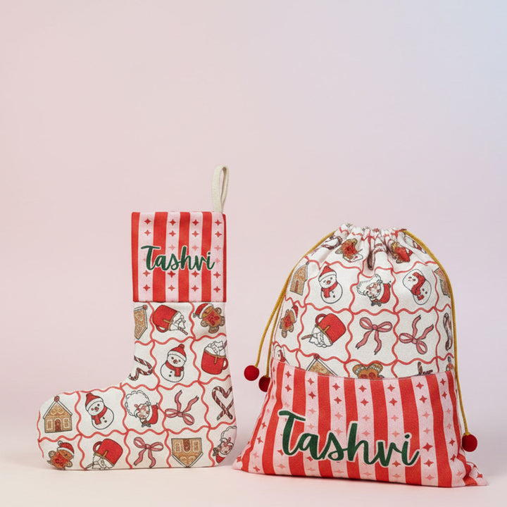 2 Pc | Personalized Handmade Felt Festive Stocking And Gift Sack Combo