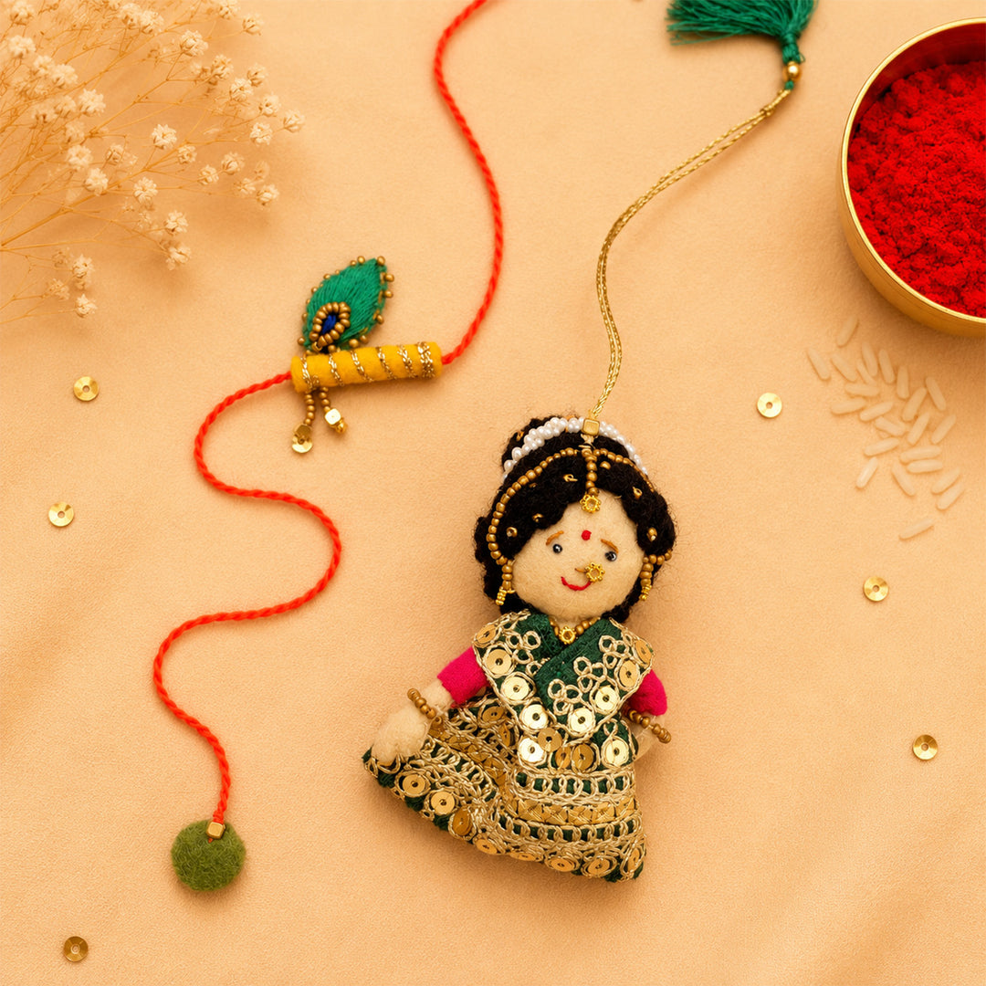 Hand Embroidered Radha Bansuri Rakhi Lumba Set For Bhaiya Bhabhi