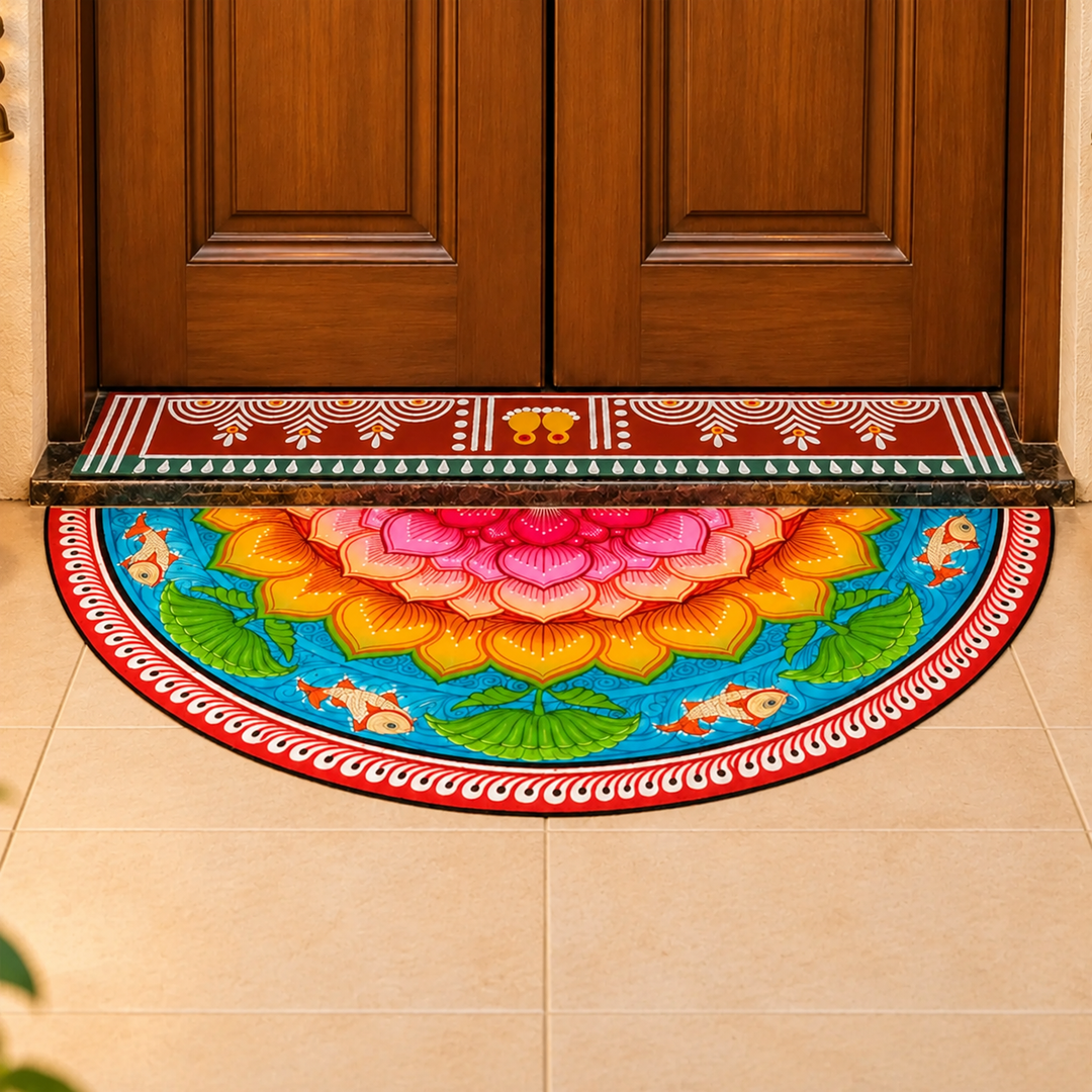 2 Pc | Radhachura Strip & Kamalmandal Semicircle Reusable Handmade Fabric Rangoli Mat for Festive Entrance Decor
