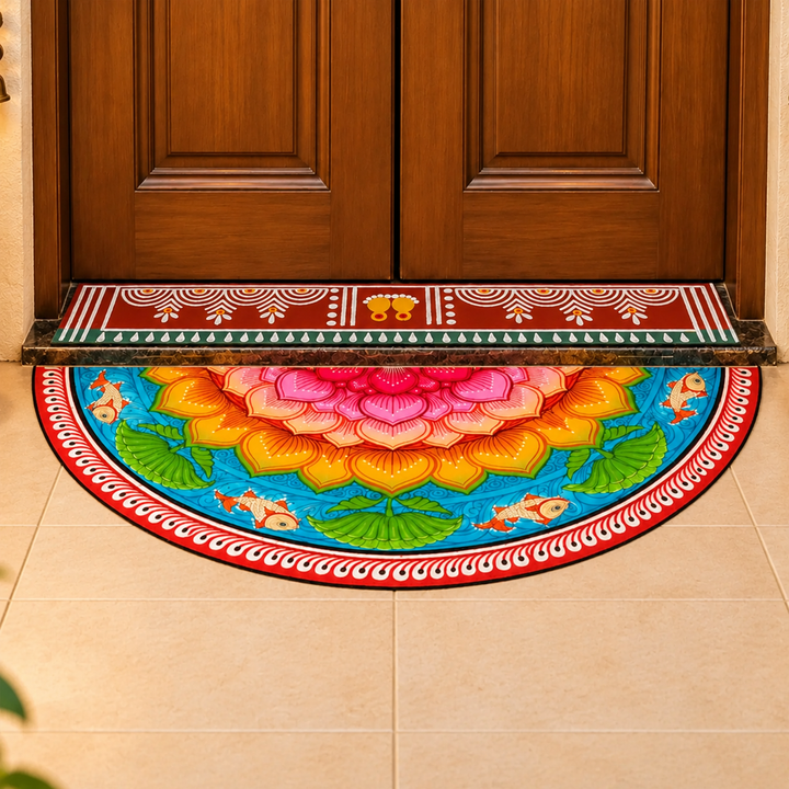 2 Pc | Radhachura Strip & Kamalmandal Semicircle Reusable Handmade Fabric Rangoli Mat for Festive Entrance Decor