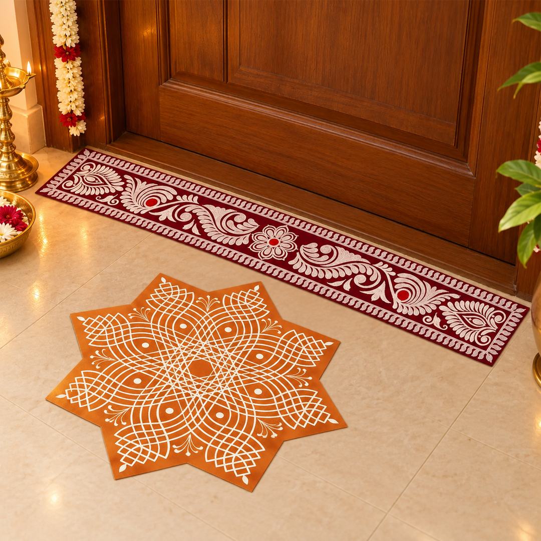 2 Pc | Madhobi Strip & Aureya Star Reusable Handmade Fabric Rangoli Mat for Festive Entrance Decor