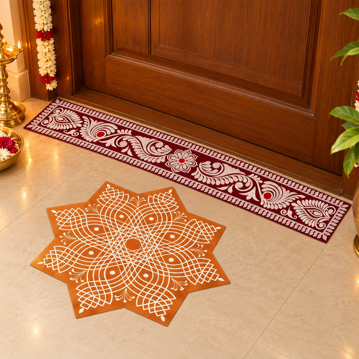 2 Pc | Madhobi Strip & Aureya Star Reusable Handmade Fabric Rangoli Mat for Festive Entrance Decor