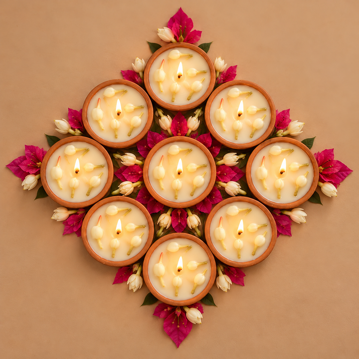 8 Pc | Handmade Jasmine Terracotta Urli Soy Wax Candle
