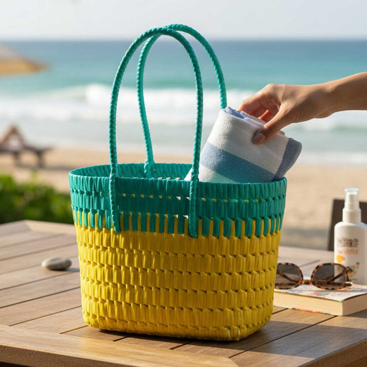 Handmade Traditional Plastic Tape Wire Teal And Yellow Koodai Lunch Bag