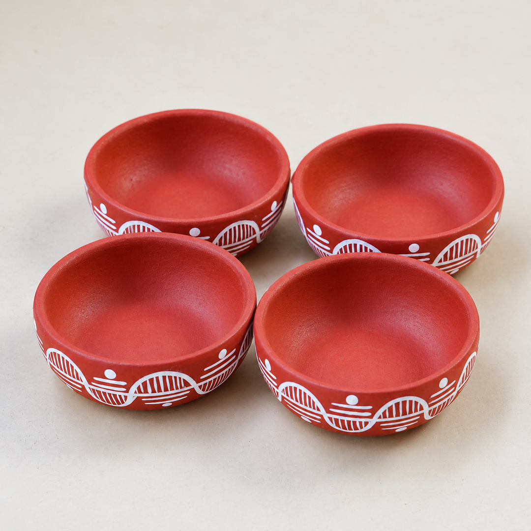 16 Pc | Hand-Painted Leher White Wave Motif Terracotta Tealight Holders With Tealights For Festive Decor