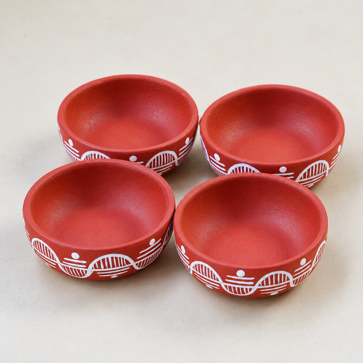 16 Pc | Hand-Painted Leher White Wave Motif Terracotta Tealight Holders With Tealights For Festive Decor