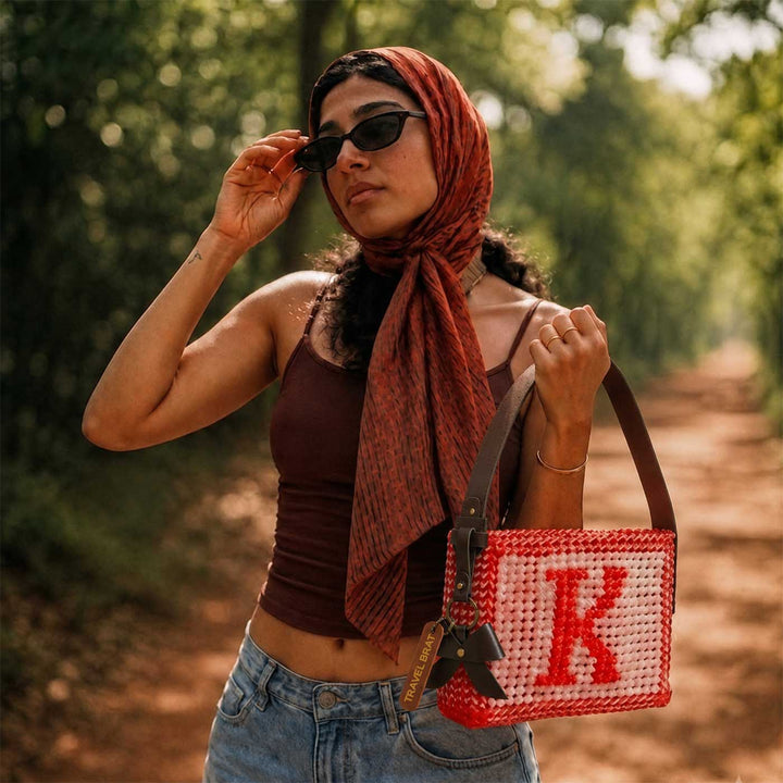 Red & White Personalized Monogram Handmade Wire Koodai Handbag