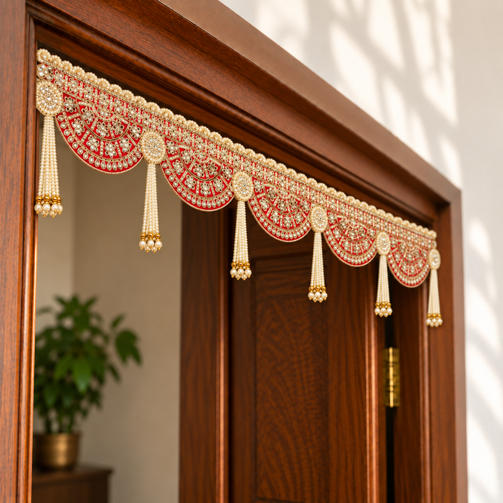 Handmade Decorative Red Mirror Work & Moti Toran