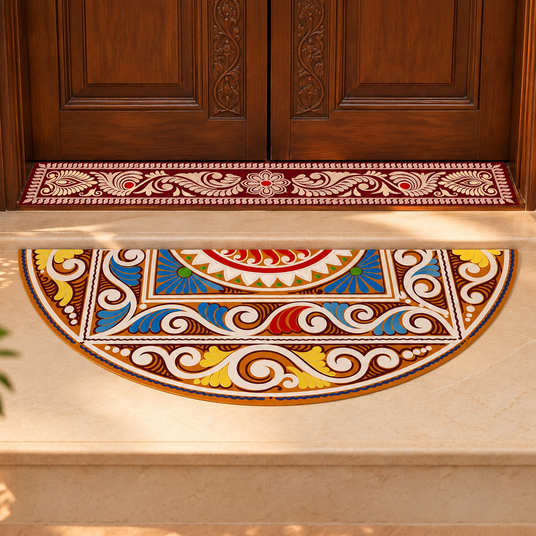 2 Pc | Radhachura Strip & Vyana Semicircle Reusable Handmade Fabric Rangoli Mat for Festive Entrance Decor