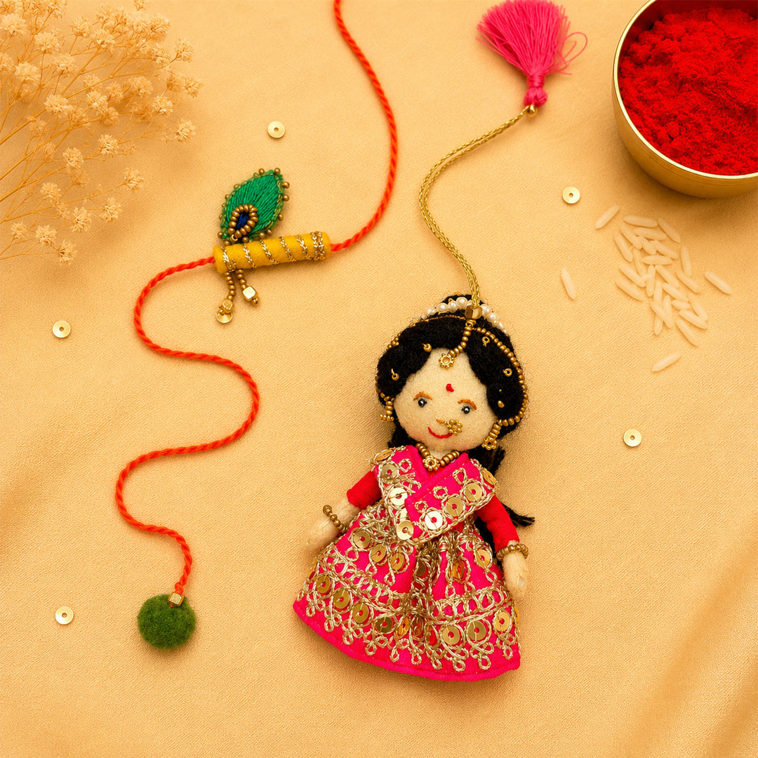 Hand Embroidered Radha Bansuri Rakhi Lumba Set For Bhaiya Bhabhi