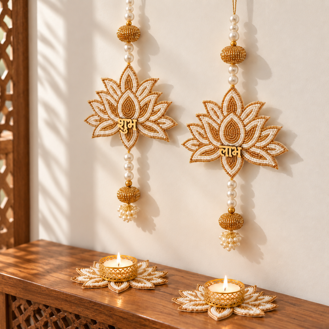 4pc Set | Handmade Beaded White & Golden Lotus Diwali Decor | 2 Hangings + 2 Tealight Holders