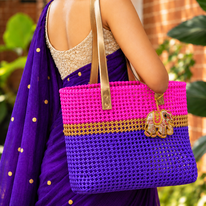 "Utsav" Pink And Purple Stripes Handmade Wire Koodai Tote Bag With Royal Elephant Zardosi Charm