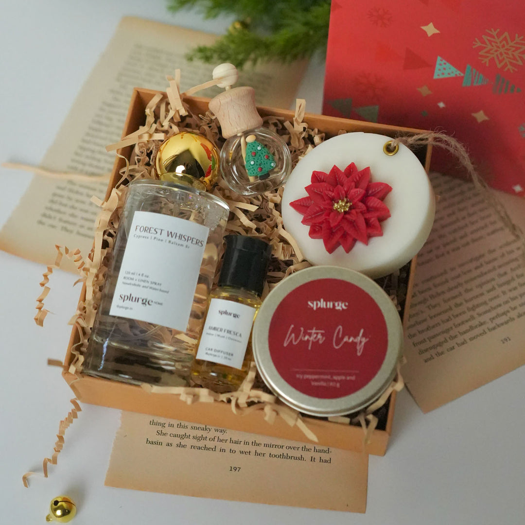 Handmade Soy Wax Christmas Gift Hamper | Includes 1 Room And Linen Spray, 1 Car Diffuser And Oil, 1 Fragrance Bar And 1 Tin Candle