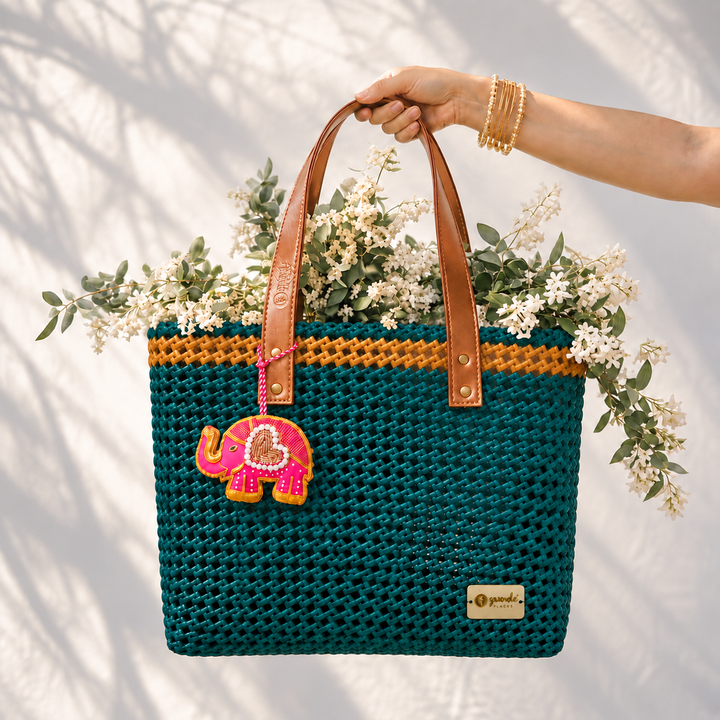 "Emerald" Green & Gold Handmade Wire Koodai Tote Bag With Cute Elephant Zardosi Charm