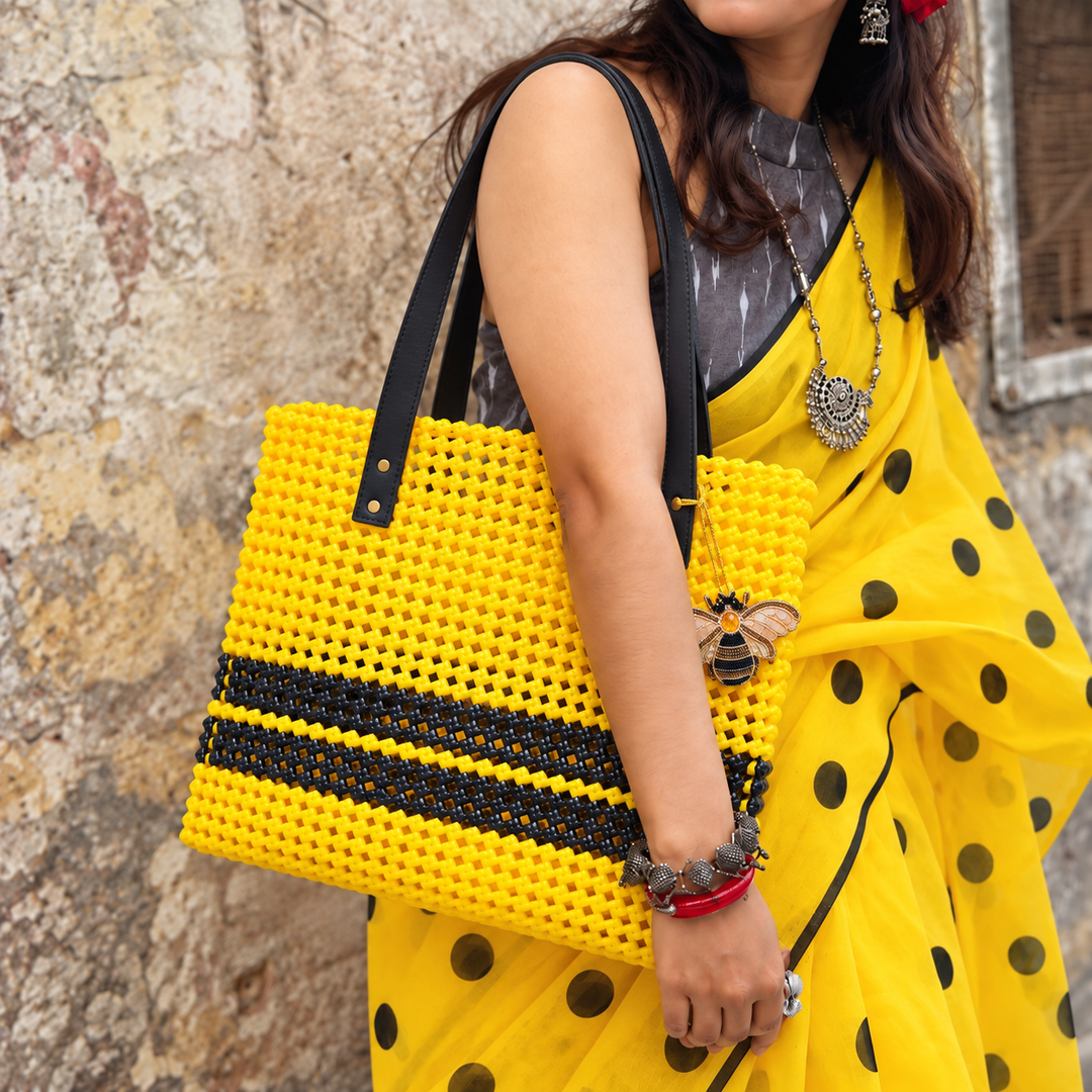 "Honey Bee" Boxy Handmade Wire Koodai Tote Bag With Bee Zardosi Charm