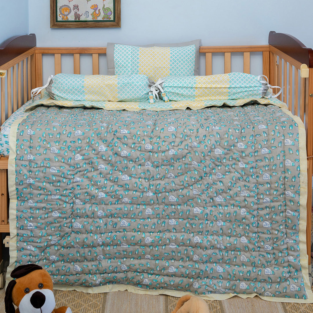 Blue Penguin Hand Block Printed Baby Quilt