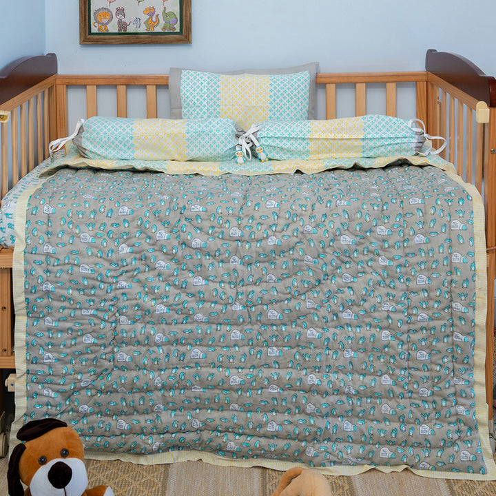 Blue Penguin Hand Block Printed Baby Quilt