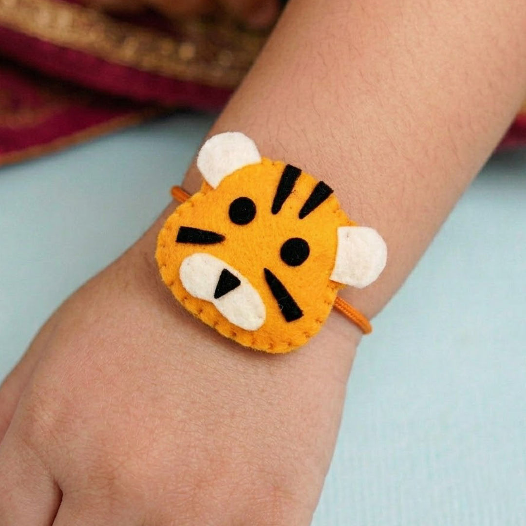 Handmade Tiger Felt Kids Rakhi With Roli Chawal
