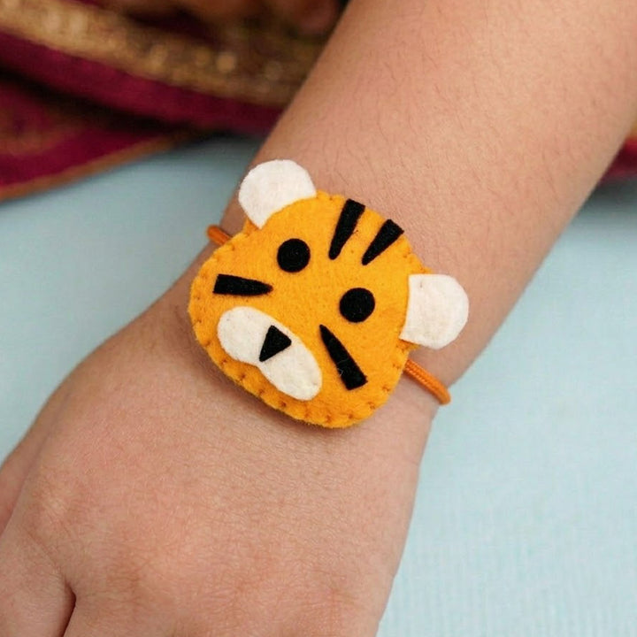 Handmade Tiger Felt Kids Rakhi With Roli Chawal