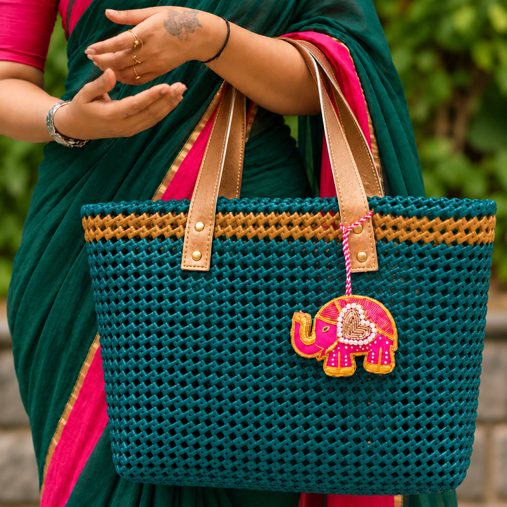 "Emerald" Green & Gold Handmade Wire Koodai Tote Bag With Cute Elephant Zardosi Charm
