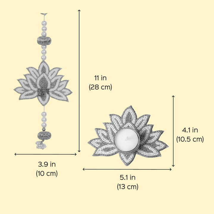 4pc Set | Handmade Beaded White & Golden Lotus Diwali Decor | 2 Hangings + 2 Tealight Holders