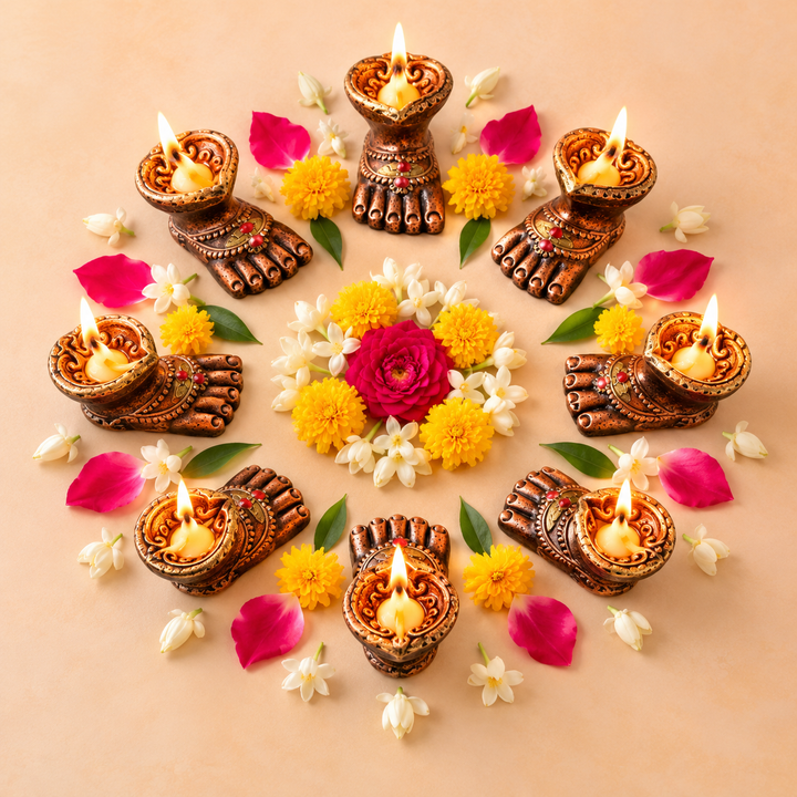 Handmade Laxmi Charan Paduka Terracotta Oil Lamp / Diya | Set of 4