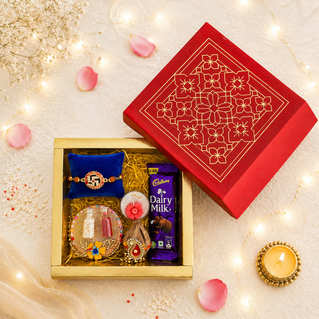 Handmade Beaded Swastik Rakhi Gift Hamper With Roli Chawal For Brother