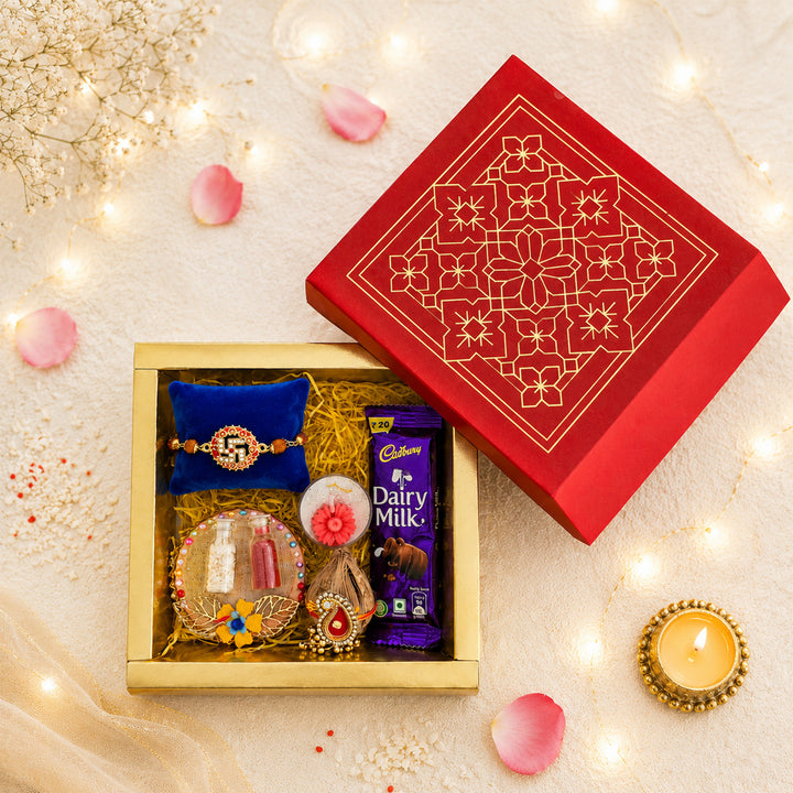 Handmade Beaded Swastik Rakhi Gift Hamper With Roli Chawal For Brother