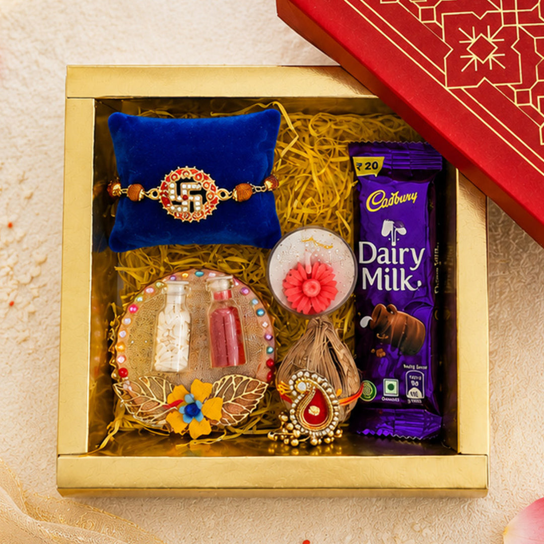 Handmade Beaded Swastik Rakhi Gift Hamper With Roli Chawal For Brother