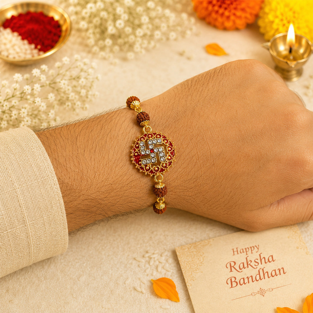 Handmade Beaded Swastik Rakhi Gift Hamper With Roli Chawal For Brother