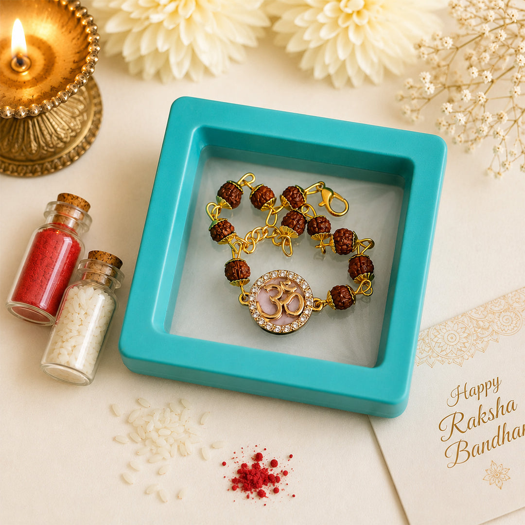Handmade Beaded Om Rudraksha Bracelet Rakhi With Roli Chawal For Brother