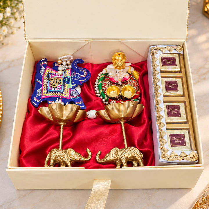 Royal Elephant Theme Urli Candle, Shubh Labh Hanging & Mithai Diwali Gift Hamper
