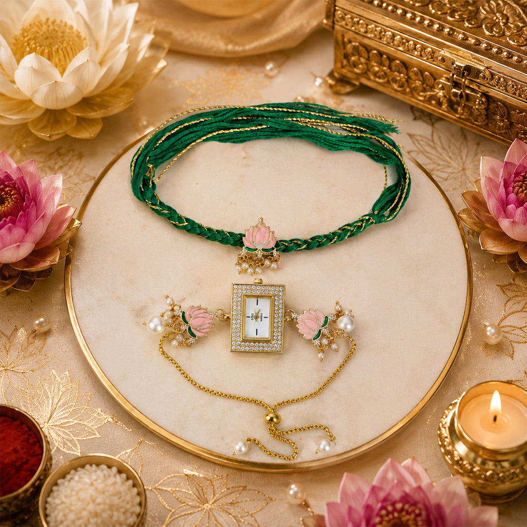 Handmade Kundan & Pearl Lotus Royale Rakhi & Bhabhi Watch Cuff Combo For Bhaiya Bhabhi | Set of 2